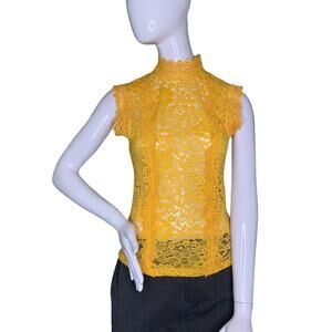 Love University Women Medium Sleeveless High Neck Yellow Lace Top